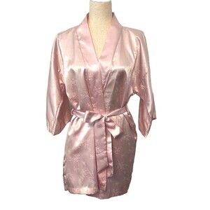 Vtg Frost Bros PINK Floral SATIN House Coat ROBE Short Mini Size Petite Small